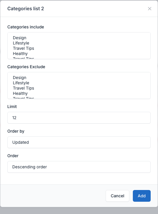 Categories list 2 setting