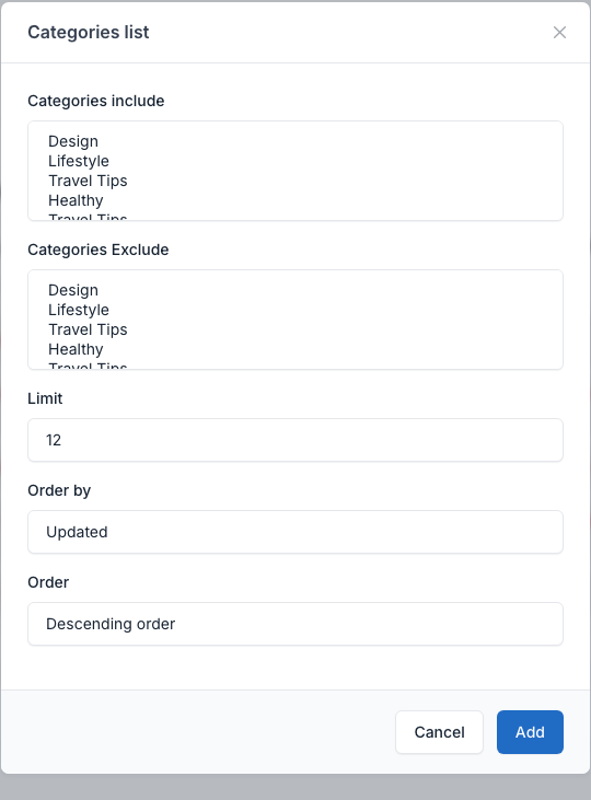 Categories list setting