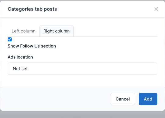 Categories tab posts setting, right column