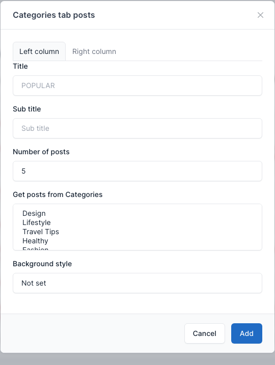 Categories tab posts setting