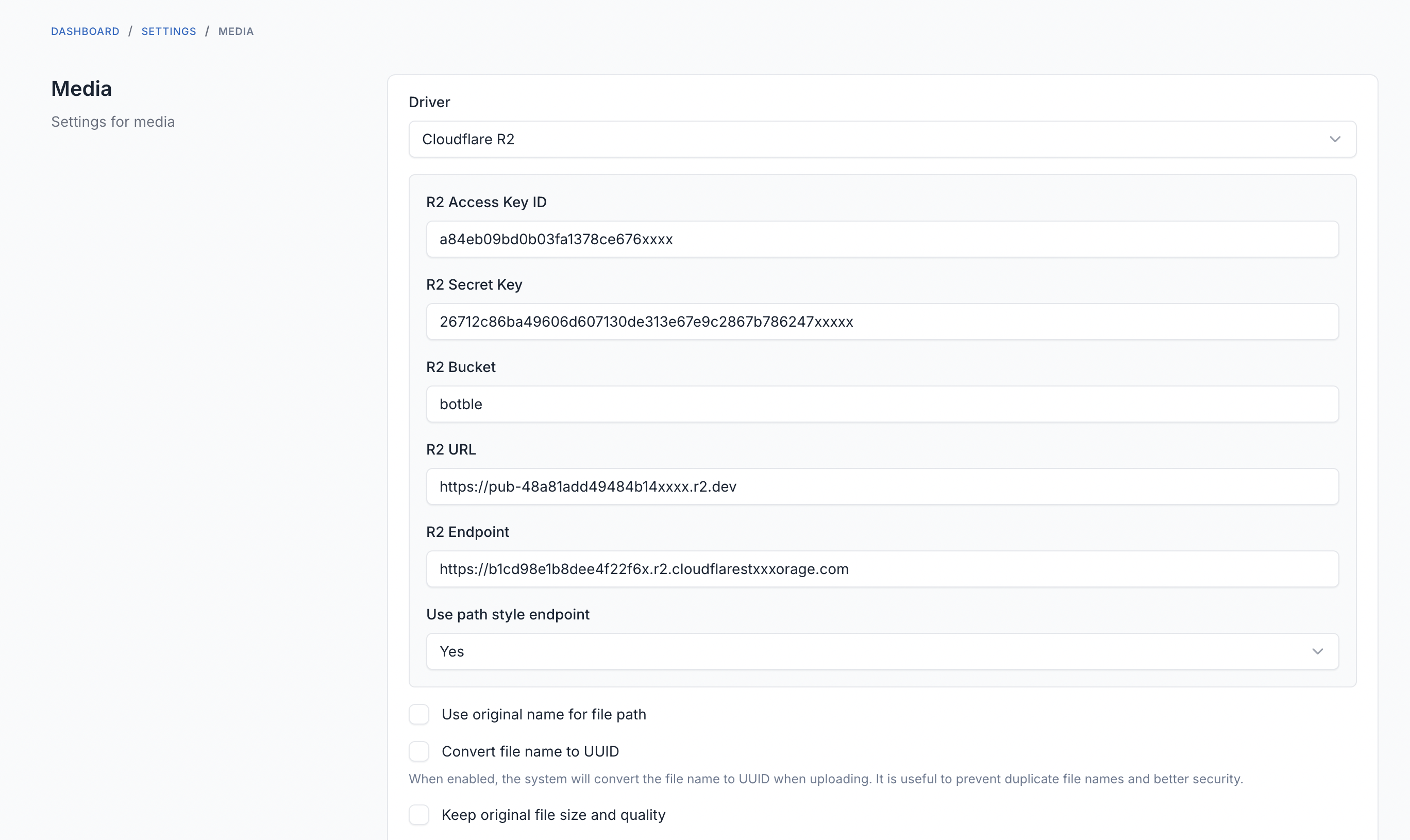 Cloudflare R2 settings