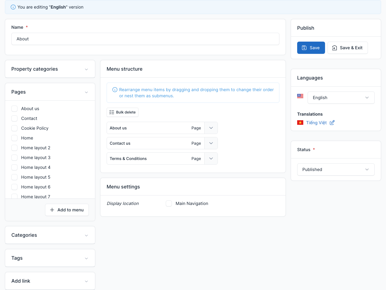 Footer menu editor
