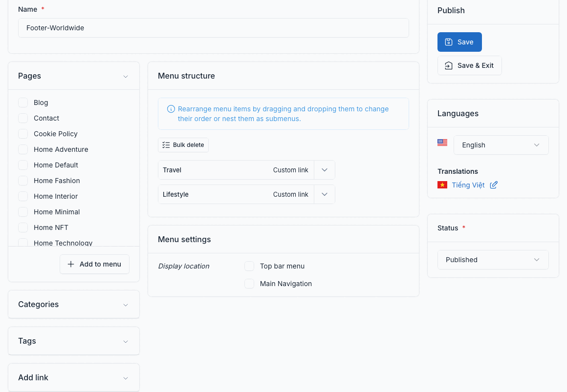 Footer menu editor