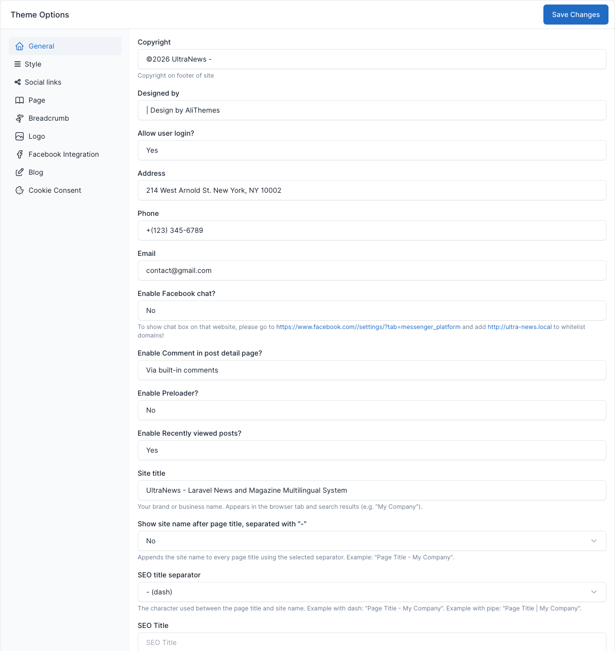 Theme options