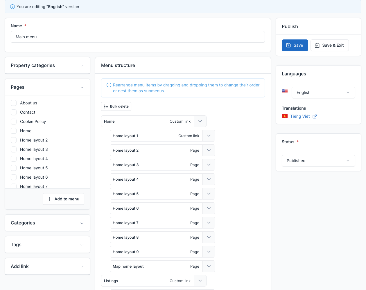 Main menu editor