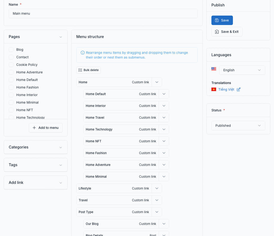 Main menu editor