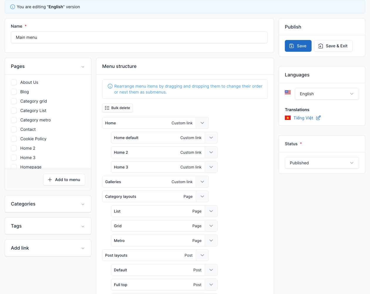Main menu editor