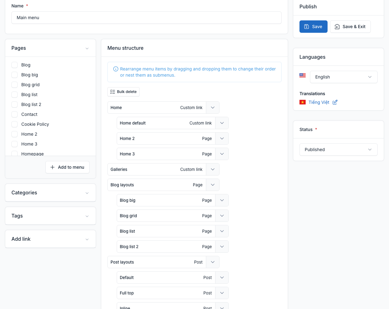 Main menu editor