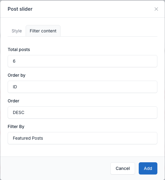 Post slider filter tab