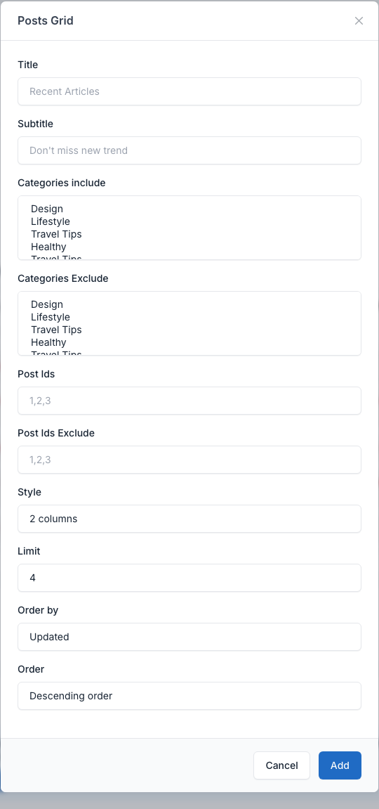Posts Grid setting