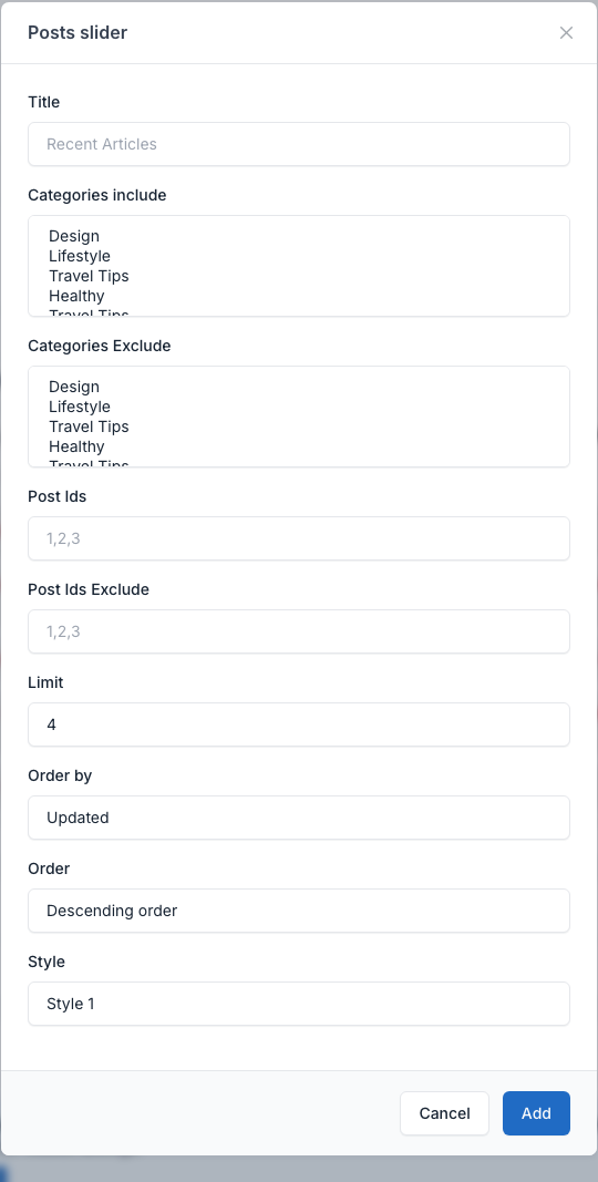Posts slider setting