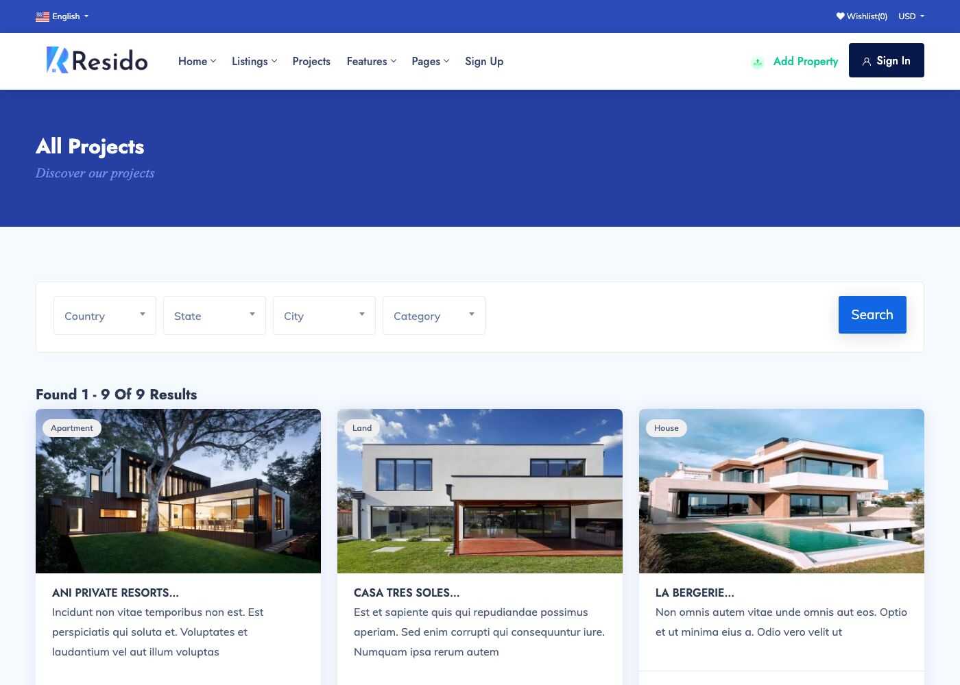Projects page