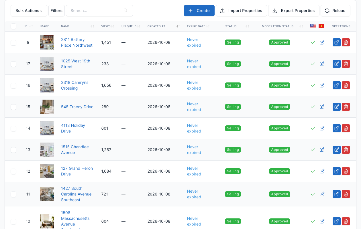 Properties list