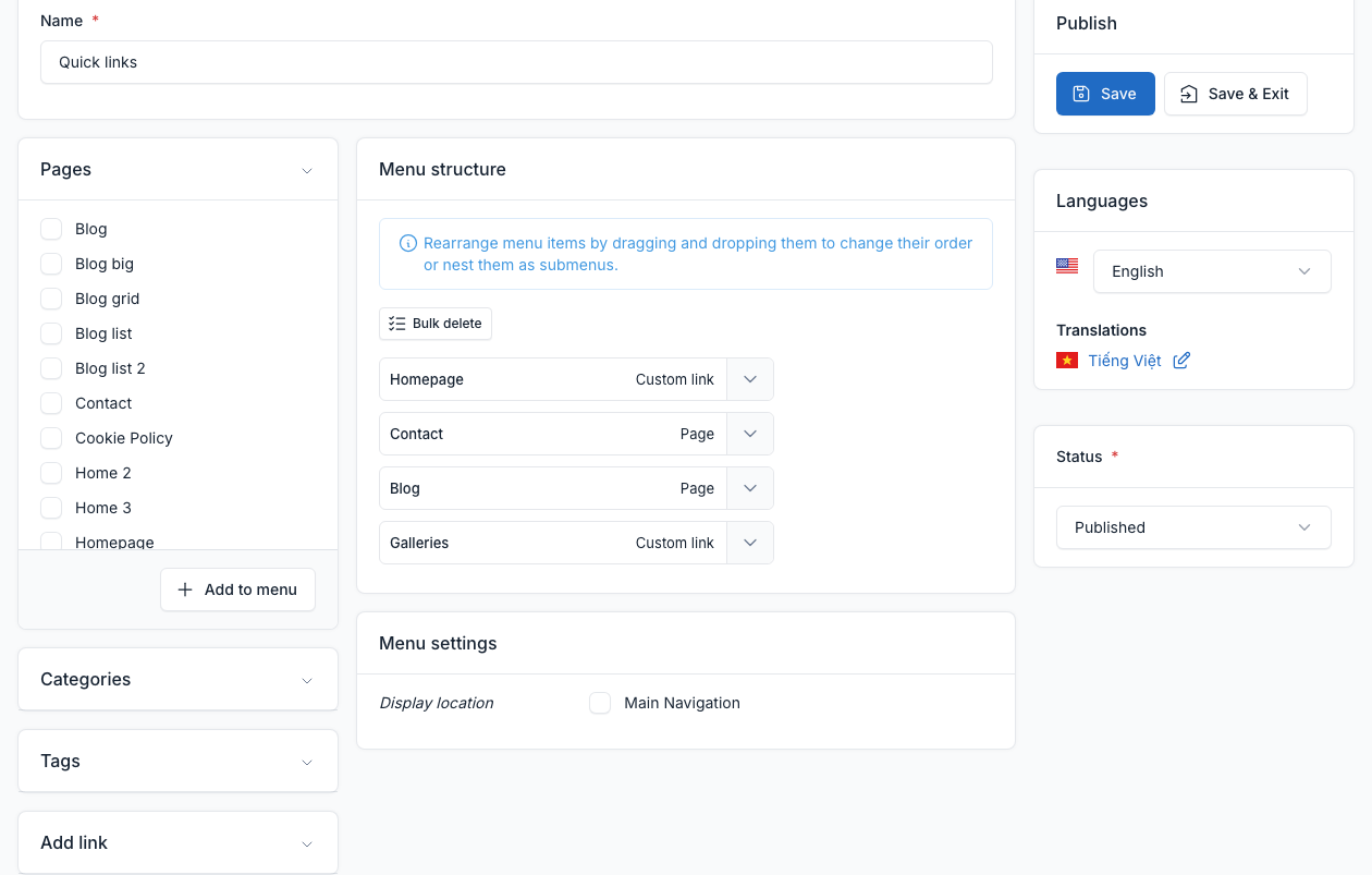 Quick links editor