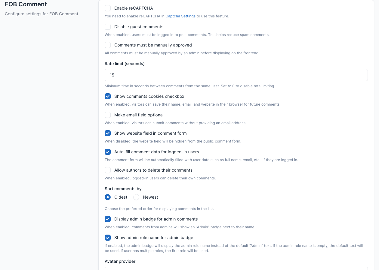 Comments settings