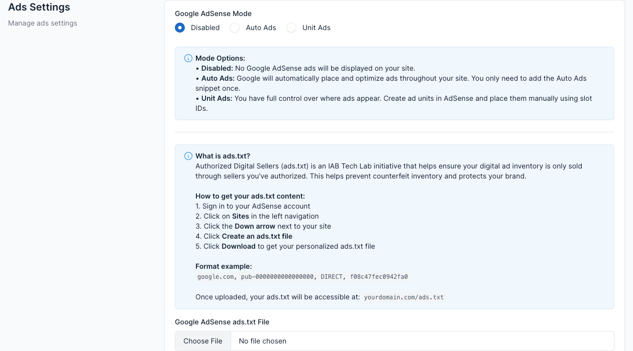 Ads settings