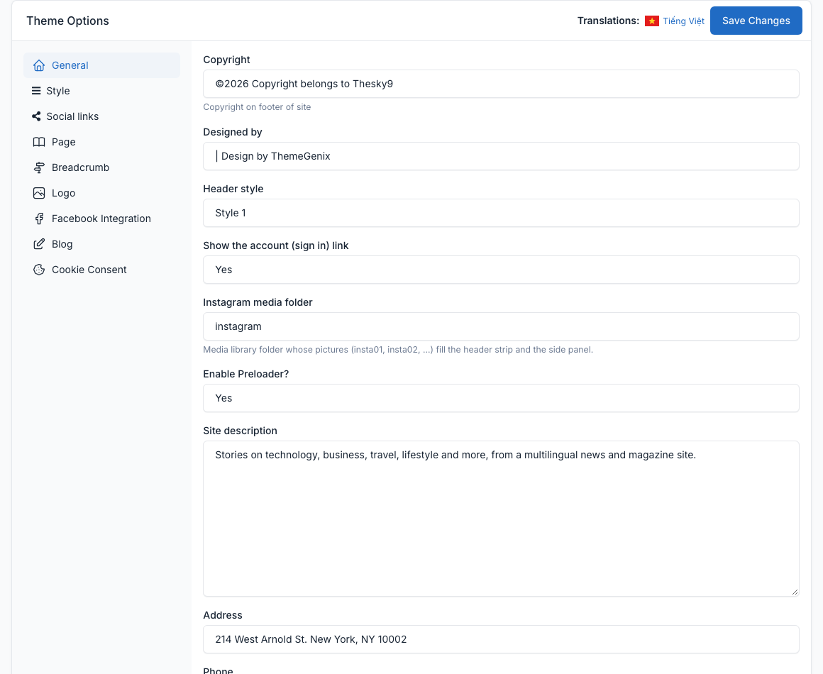 Theme options