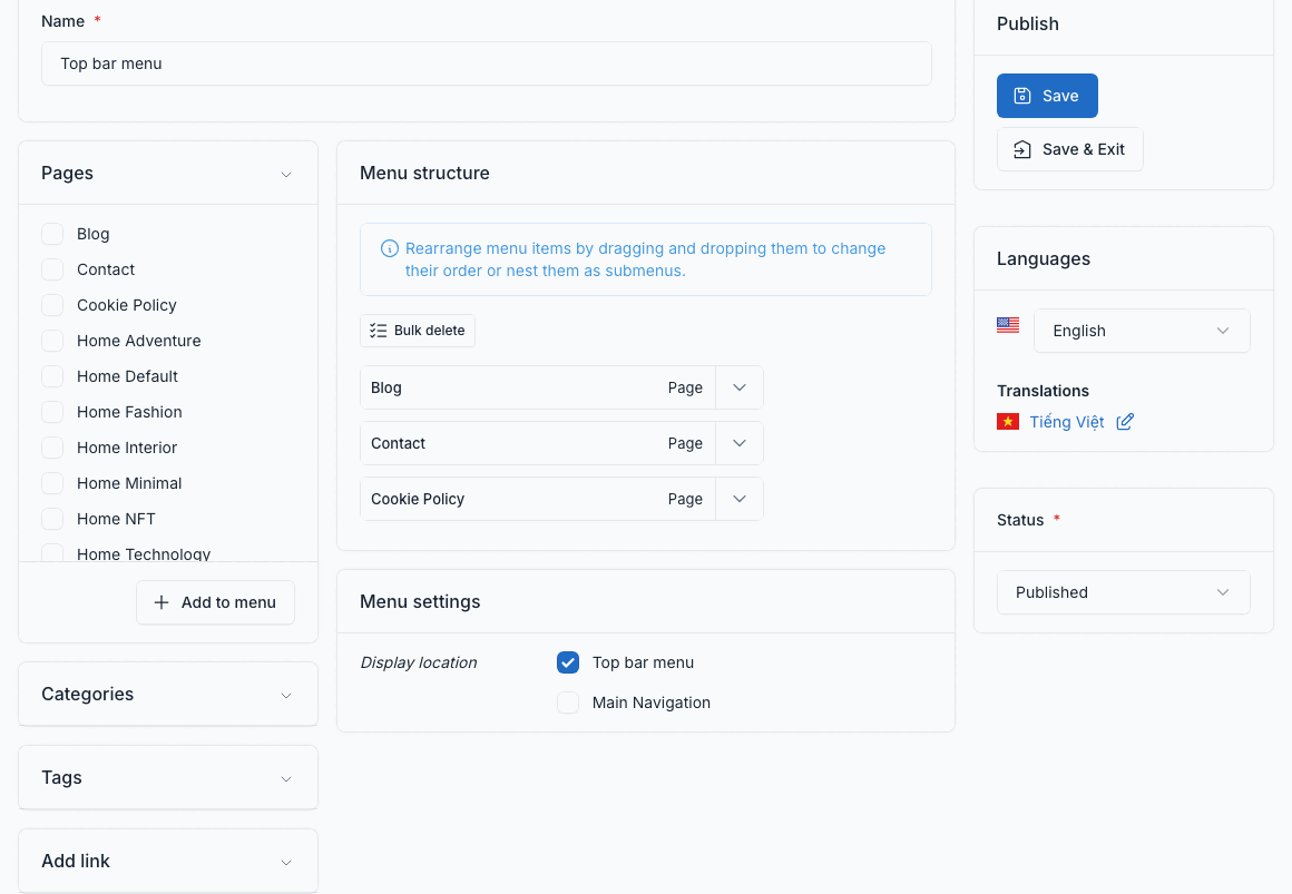 Top bar menu editor